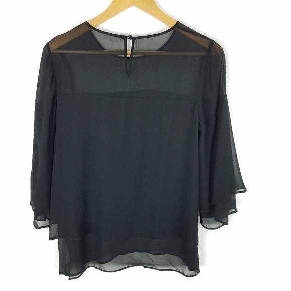 ECRU 100% Silk Chiffon Black Ruffle Layered Blouse XS - Picture 2 of 11